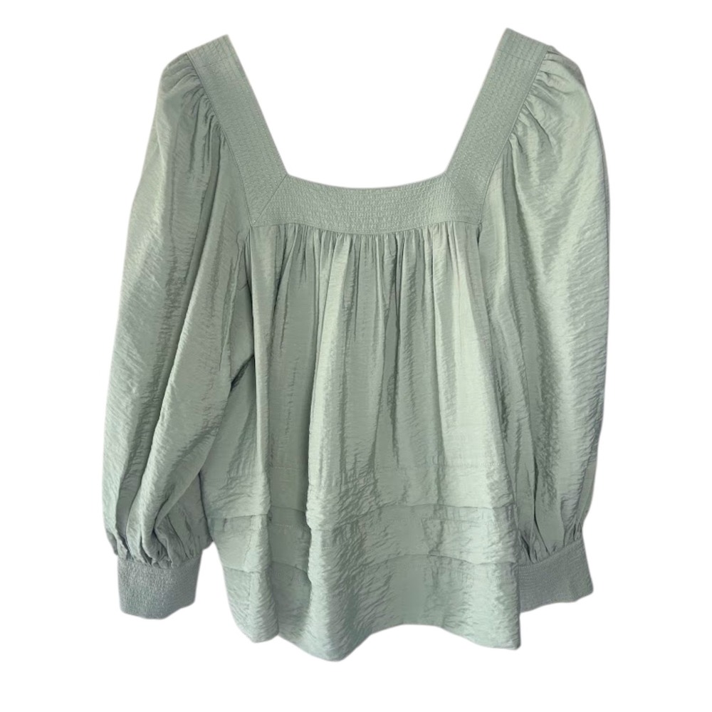 Maeve Anthropologie Sage Satin Peasant Blouse Puff Sleeve Boho Top Medium
